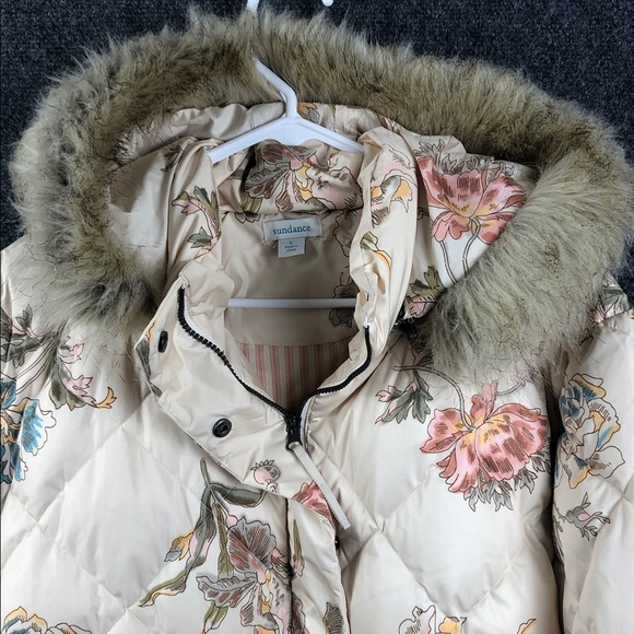 Sundance Duck Down womens L Floral Puffer Jacket with Faux Fur Hood Like new - Picture 6 of 12